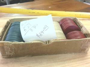 lot 379 image: Box of very old vintage poker chips (see list on pic)