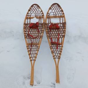 lot 13 image: Functional Wooden Snow Shoes from Denver Co (made in Canada) � Leather, wood and sinew � 48 inches long 12 inches wide