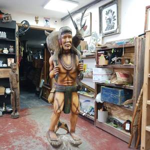 Cigar Store Wooden Indian Replica Male Hunter Carrying a Deer with Trusty Dog following closely behind - Very Unique!