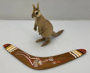 lot 79 image: Misc. Collectibles Including Wodden Boomerang And Miniature 6 Kangaroo With Baby Made From Real Fur