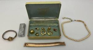 lot 81 image: Misc. Jewelry In Case Including 1960s Bulova 10K R.G.P. Bezel, 120 10 Kt GF Watch Band