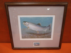 lot 186 image: Louis Frisino 1988-89 ND Trout & Salmon Stamp S&N Conservation Edition Print 2350 17x15 Frame Size