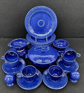 lot 24H image: Vintage Fiesta Ware Cobalt Blue Dinnerware Set with Casserole, Plates, Bowls, Cups and Shakers