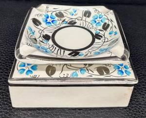 lot 34H image: Vintage Empire Porcelain Cigarette Box  Trinket Box and Ashtray Set with Silver Luster and Blue Floral Design England