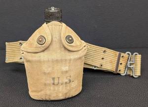 lot 102JT image: Vintage U.S. Vintage Military Canteen with Canvas Cover & Belt - 6x8 in