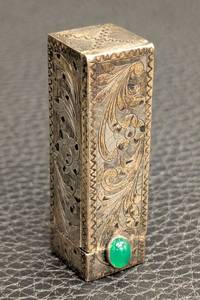 lot 104JT image: Vintage Italian 800 Sterling Lipstick Case- Ornate Engraved Silver Case with Green Cabochon