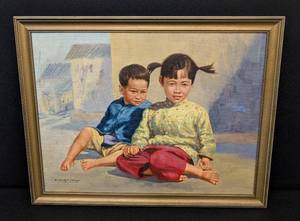 lot 137JT image: David Cheng Framed Painting - Hong Kong 1963, Two Children