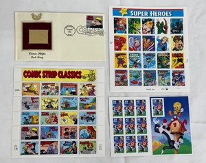 lot 32MO image: Comic Strip Classics Stamp Sheets Lot of 4 - Super Heroes, Dick Tracy & First Day of Issue