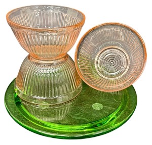 lot 56JT image: Vintage Jeanette Sunflower Footed Cake Plate & Pink Depression Glass Bowls