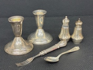 lot 57CC image: Vintage Crown Sterling Candlesticks, Salt & Pepper Shakers & Fork & Spoon - Sterling Silver Set