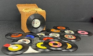 lot 62CCC image: Vintage Vinyl Records Lot in Box - 45 RPM Singles with The Family Album Cover - Varying Wear