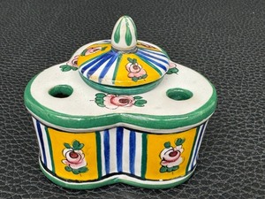 lot 91AC image: Antique Aladin France Faience Inkwell - Antique Hand-Painted Ceramic Desk Accessory