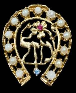 lot 8JT image: Vintage 14K Gold Charm - Vintage with Pearl Border, Pink Center Gem & Blue Gem