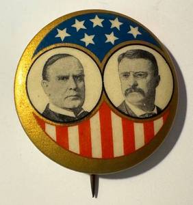 lot 13LB image: Antique Whitehead & Hoag Co. McKinley & Roosevelt Pin