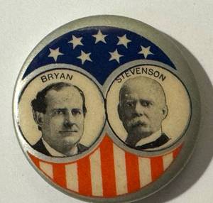 lot 15LB image: Antique Bryan & Stevenson Campaign Button - 1896 Newark