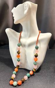 lot 24GS image: Vintage Beaded Necklace - Carnelian, Tigers Eye, Rose Quartz, Green Jade - 22 in - Silver Clasp