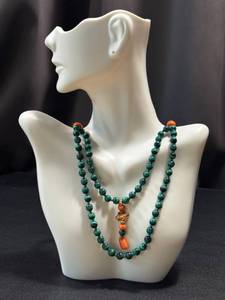 lot 27GS image: Malachite Bead Necklace - Vintage Hand-Knotted With Coral Accents