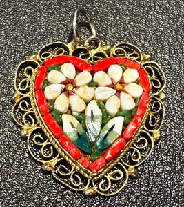 lot 28JT image: Vintage Italian Heart Pendant - Mosaic Shell Inlay, Red Border, Gold Tone Filigree