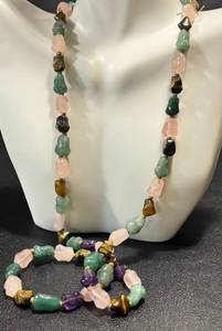 lot 32GS image: Vintage Beaded Necklace - Vintage Amethyst, Tigers Eye, Rose Quartz & Green Jade, 28-inch