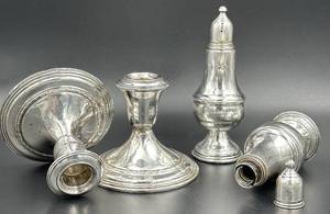 lot 34JM image: Vintage Sterling Silver Weighted Candlestick Set and Sterling Silver Weighted Glass Lined SaltPepper Shakers
