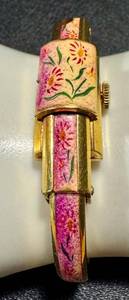 lot 34JT image: Vintage Bucherer Cuff Watch - Vintage - 17 Jewels - Swiss - Pink Enamel Floral Dial