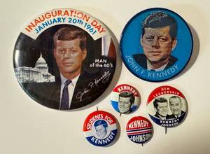 lot 35LB image: Set of Six Vintage Kennedy Campaign Pinbacks  Buttons including a Vintage Kennedy 35th President Vari-Vue Pin Back