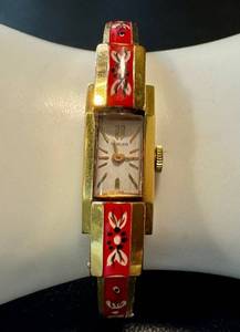 lot 40JT image: Vintage Trler Swiss Vintage Ladies Watch - Rectangular Gold-Tone Case Red Enamel Bracelet