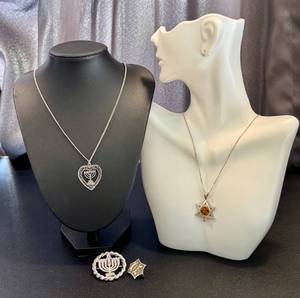 lot 43JT image: Vintage Judiaca Jewelry Items including a Sterling Star of David Necklace w Hand Painted Floral Resin Center