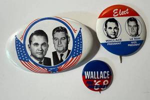 lot 43LB image: Vintage Wallace Campaign Pin Backs  Buttons - Vintage 1968 WallaceLe May Oval Pin Backs