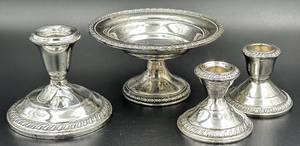 lot 44JM image: Vintage Sterling Silver Weighted Footed Candy Bowl & 3 Candlesticks