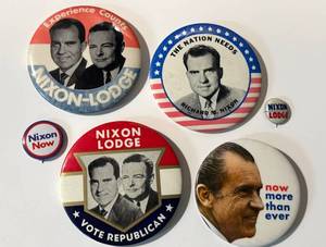 lot 46LB image: Vintage Nixon Campaign Pin Backs  Buttons - Lot of 6 (Nixon-Lodge, Nixon Now, Now More Than Ever)