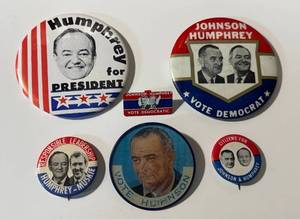lot 48LB image: Vintage Johnson-Humphrey Campaign Pin Backs  Buttons including a Vintage Vari Vue Vote Humphrey Pin Back (Vintage 1960s)