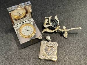 lot 50JT image: Miniature Clock - Floral Brooch - Sterling Silver Photo Album Pendant