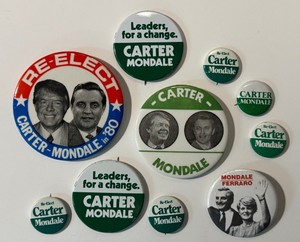 lot 54LB image: Vintage Campaign Pins - Assorted Circular Button-Back Badges, 1980s Era