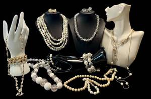 lot 57JTT image: Vintage Costume Jewelry Assortment - Pearl Necklaces, Crystal Beads & Rhinestone Bracelets