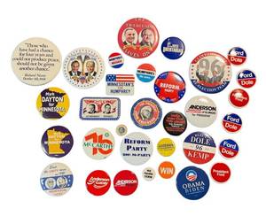 lot 63LB image: Campaign Pin Backs - Assorted Political Buttons, Mixed Sizes & Campaigns