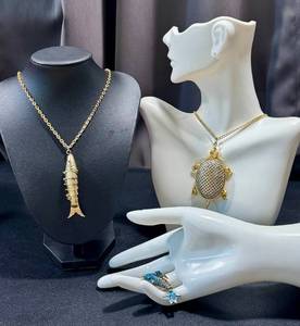 lot 71JT image: Vintage Fashion Jewelry Finds Fish Pendant (1.75 in) on 24 in Chain  Turtle Pendant (2.5 in) - Vintage Gold-Tone Jewelry