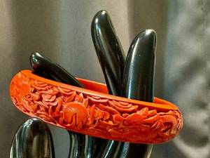 lot 98GS image: Vintage Cinnabar Dragon Bangle - Carved Red Lacquer Bracelet