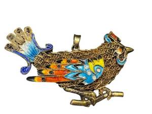 lot 99GS image: Vintage Enamel Bird Pendant Charm - Gold-Tone Filigree