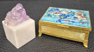 lot 74CL image: Amethyst Buddha on Marble Base & Brass Enamel Trinket Box With Celadon Jade Insert