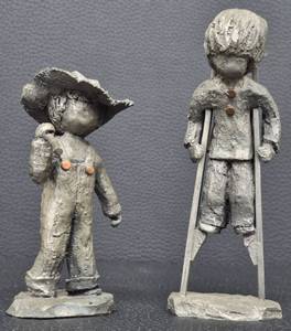 lot 94WS image: Walli Ortman Pewter Figurine Pair - Vintage Boys with Stick & Stilts