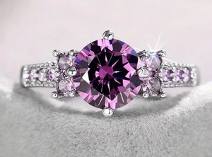 lot 25W image: Elegant Silver Plated Purple Moissanite Ring, Size 8 - Brand New