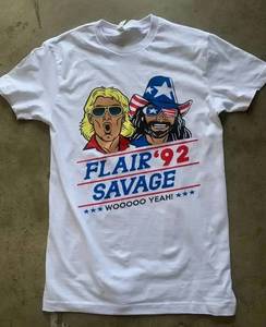 lot 50W image: Ric Flair & Randy Macho Man Savage 1992 Presidential Woooo Yeah T-Shirt, Mens Large - New