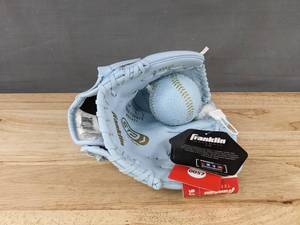 lot 203 image: Franklin Light Blue Tee-Ball Glove & Rubber Ball, 9 in Right-Hand Throw - Brand New