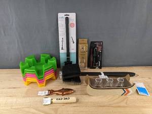 lot 298 image: Zak Duo Clean Brush, 24 Foodstiks Wood Forks, Rad Dad Bottle Opener, 6 Taco Holders - Brand New