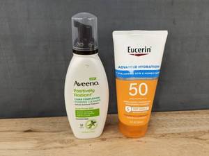 lot 329 image: Aveeno Positively Radiant Clear Complexion Foaming Cleanser 6.0 fl oz & Eucerin Advanced Hydration SPF 50 Sunscreen 5 fl oz - Brand New