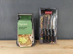 lot 352 image: Figmint Stainless Steel Box Grater & Goodcook 4-Piece Steak Knife Set - Brand New