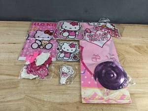 lot 371 image: Hello Kitty Birthday Decor - Cloth Banner, Balloons, Tablecloth, Toppers - Brand New