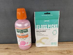 lot 574 image: TheraBreath Kids Anticavity Rinse 16 oz Bubble Gum & 50 Green Floss Picks - Brand New