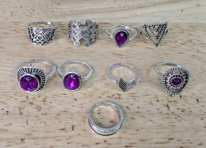 lot 408 image: Purple Stone Fashion Silver Tone Fashion Rings, 9 Total - Brand New P